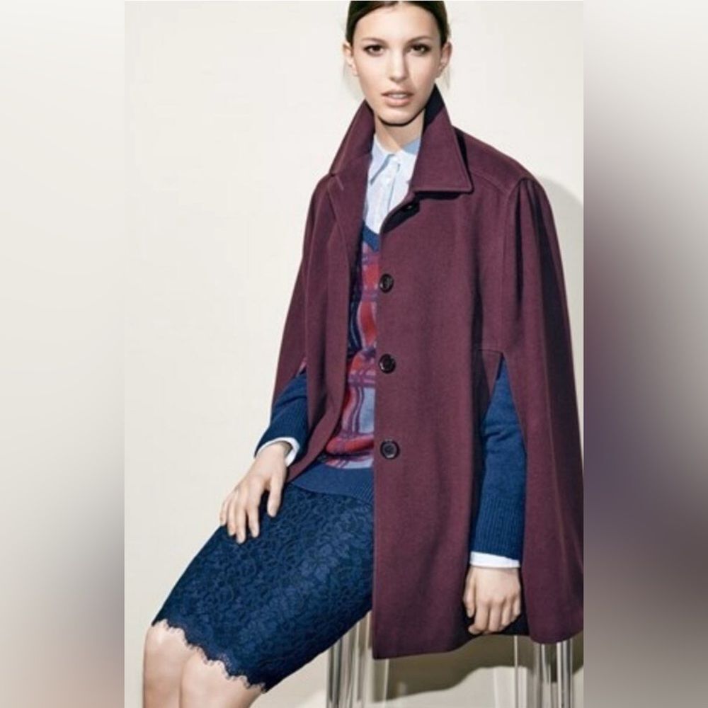 NWT Helene Berman London Cape Coat Wool Cashmere Buttoned Maroon Burgundy XS
